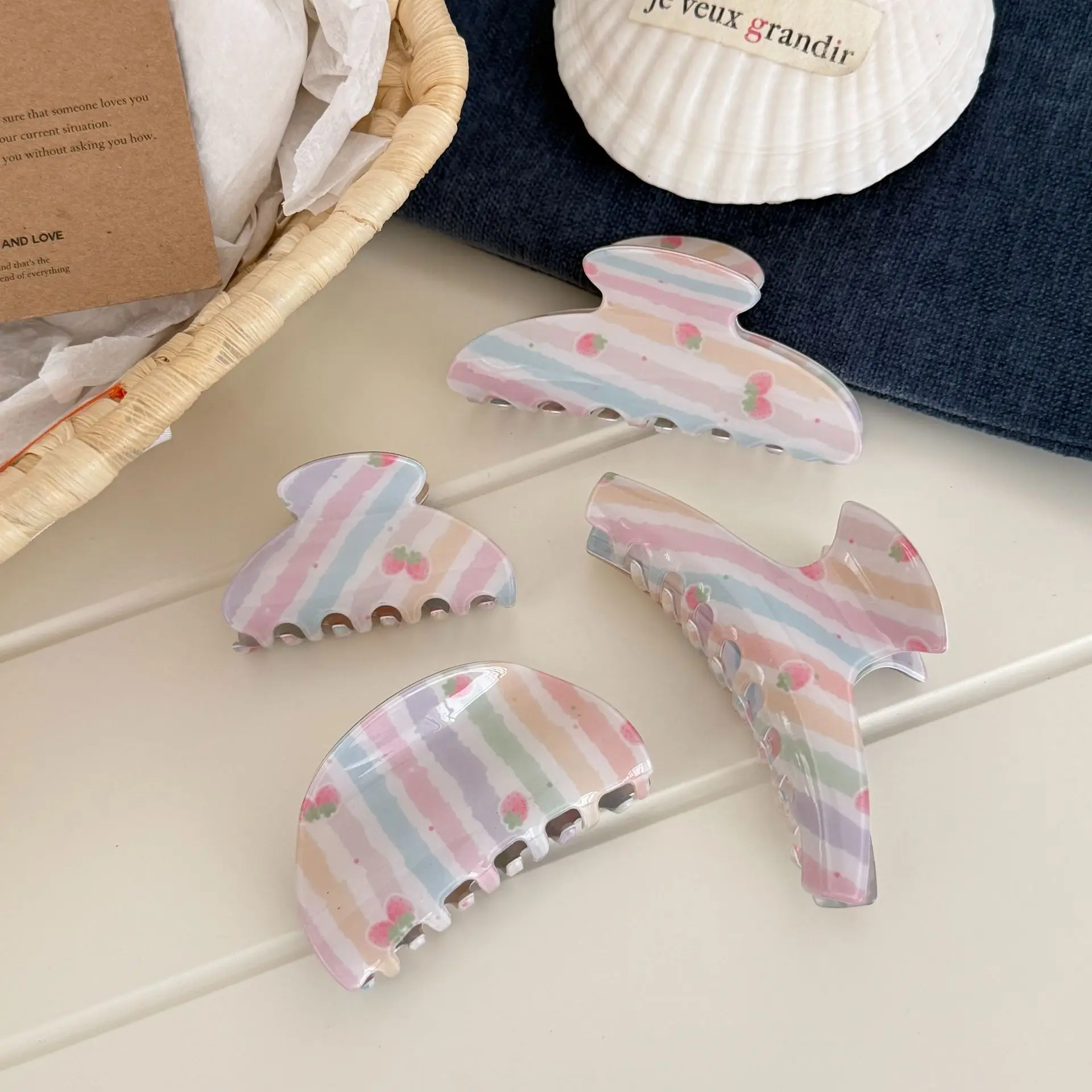 

Rainbow Acrylic Hair Claw Cute Sweet Korean Style Strawberry Design for Teen Girls Daily Bun Non Slip Lightweight Pink