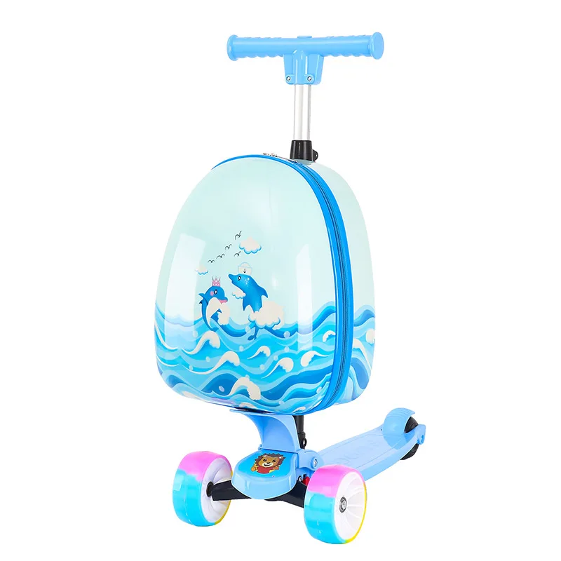 Valise à roulettes scooter dessin animé pour enfants, cartable coquille d'oeuf 2 en 1, bagage multifonctionnel, école primaire, nouveau, 16"