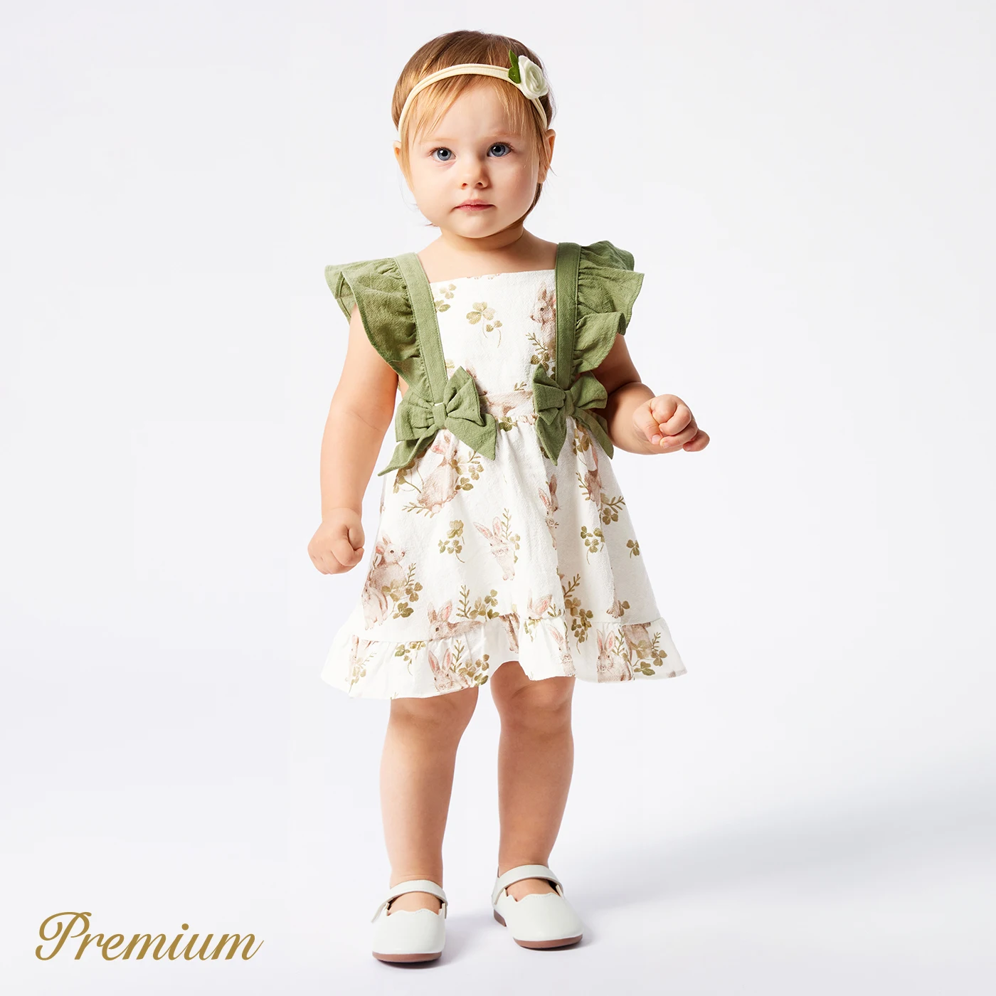 PatPat Baby Girl 100% Cotton Bow Front Ruffle Trim Dress