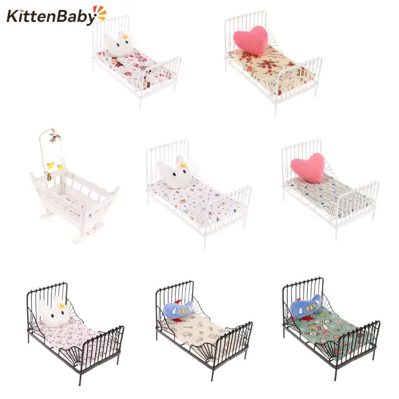 1Set 1:12 Dollhouse Miniature Metal European Bed Cradle Bed With Sheet Cushion Hanging Ornaments Bedroom Decor Furniture Toy