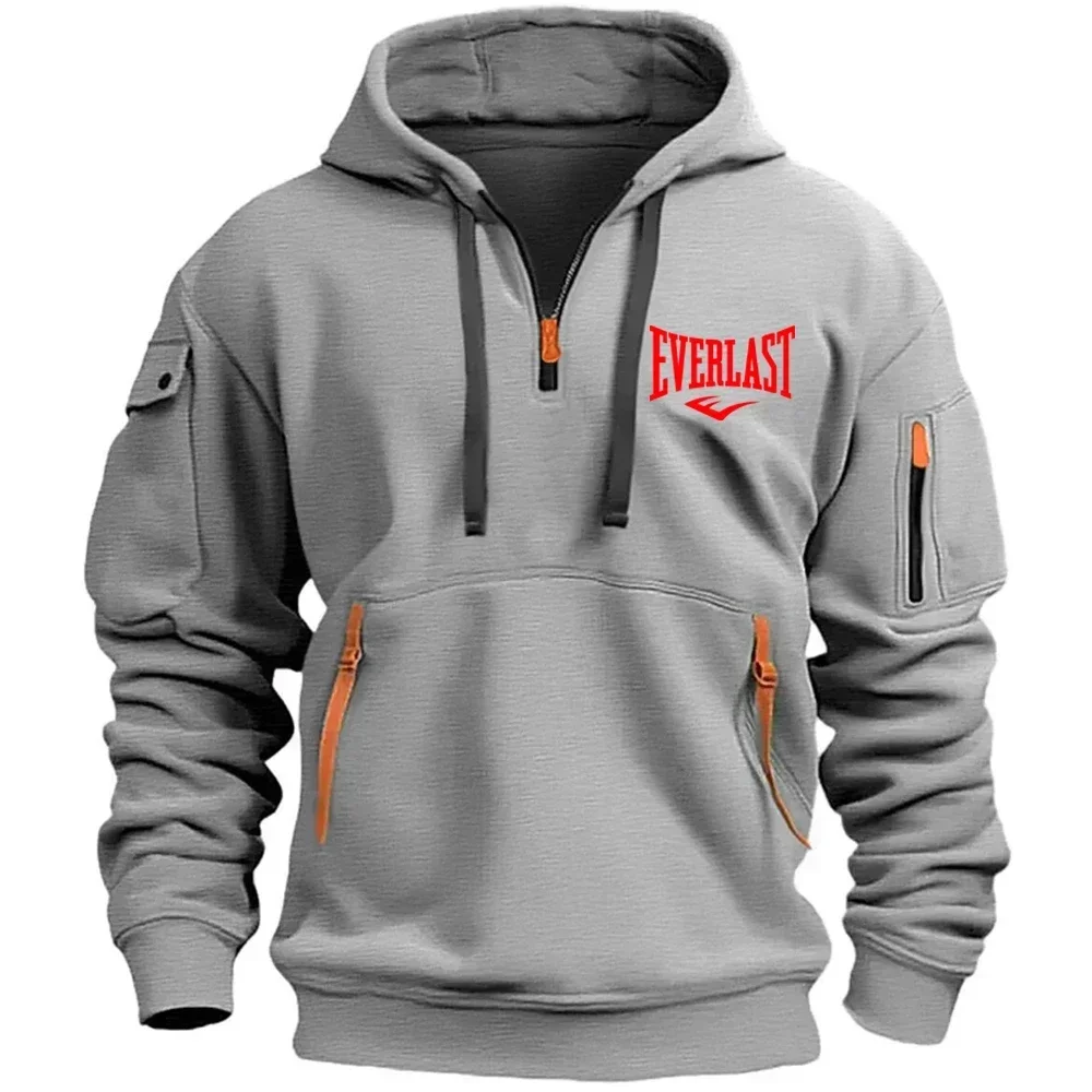 Kapuzenpullover mit halbem Reißverschluss, mehreren Reißverschlüssen an den Ärmeln und einer aufgedruckten Schrift, Sweatshirt für Herbst/Winter, taktische Streetwear, Kapuzenoberteile, Freizeit- und Sportbekleidung. – Detail 7