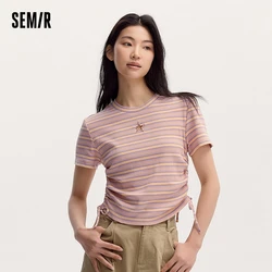 Semir-camiseta listrada de manga curta para mulheres, blusa de cordão slim-fit, design recortado, estrela de comprimento curto, verão, novo, 2024