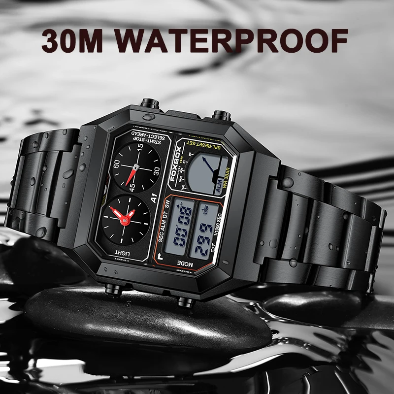 LIGE トップファッション高級電子マンウォッチビジネスステンレススポーツミリタリー防水腕時計男性用デュアルデジタル LED 時計
