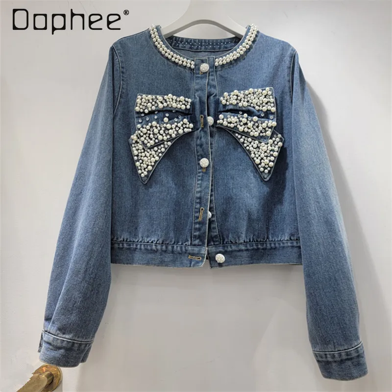 

2026 Spring New Fashion Versatile Bead Crew Neck Bow Jackets for Women Korea Chic Long Sleeve Loose Casual Short Denim Jacket
