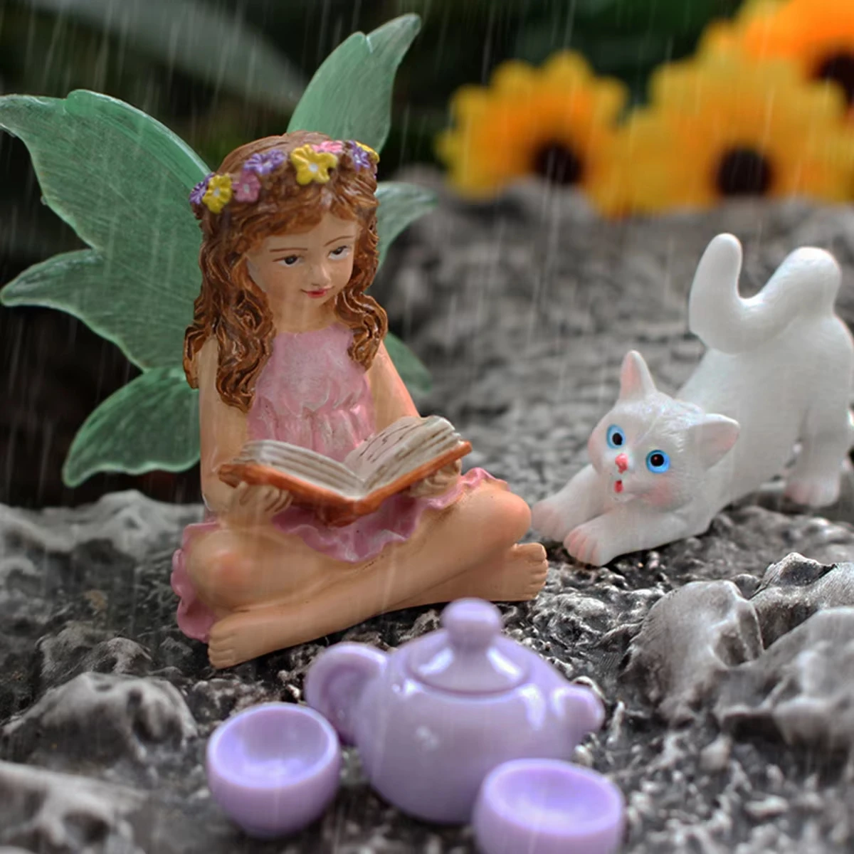 Set of Flower Fairy Reading Resin Bonsai Statues, Outdoor Fairy Tale Mini Garden Decorative Crafts Flower Pot Accessori