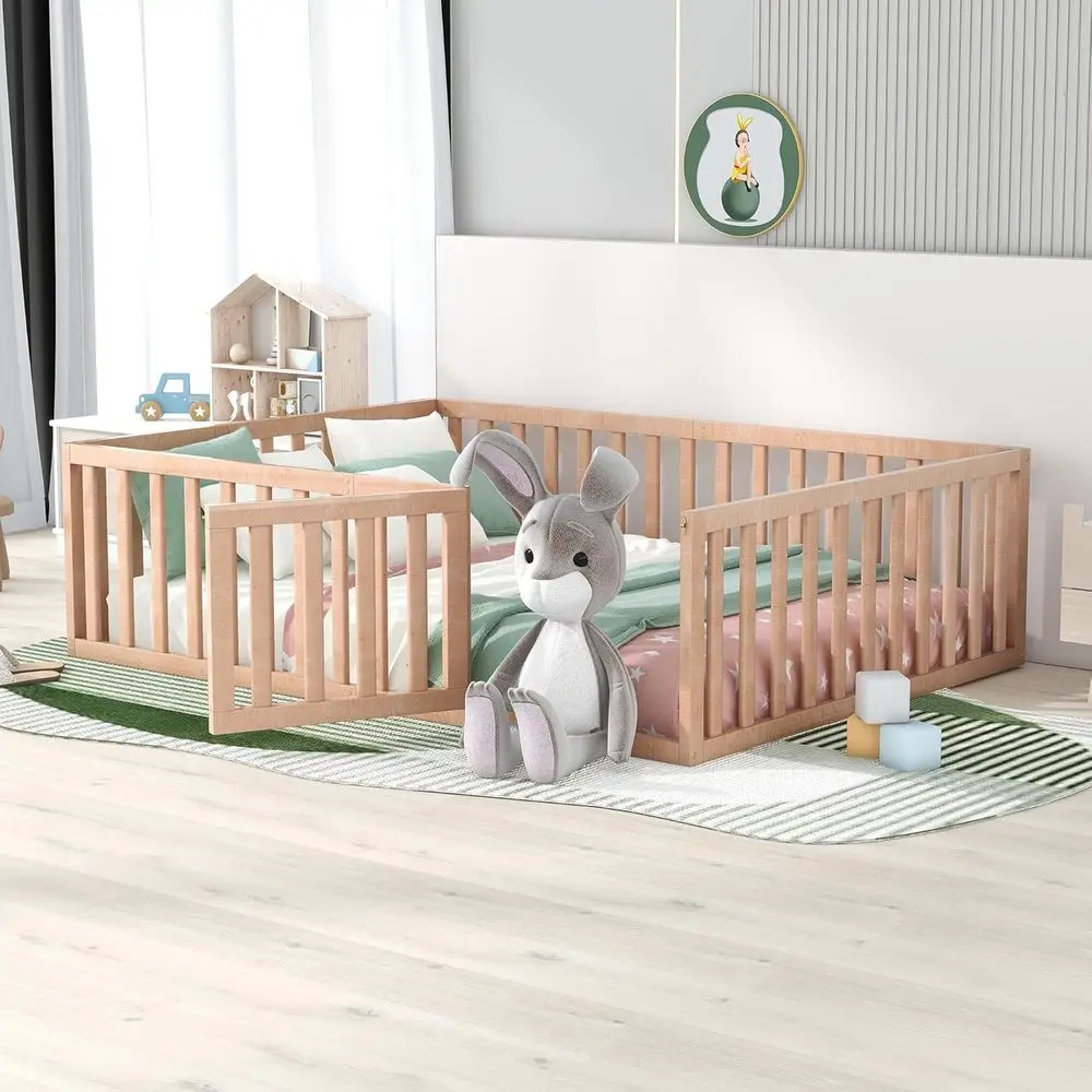 

Harper & Bright Designs loor Bed with Rails, ull Size Wood loor Bed e with ence and Door, or Kids Girls Boys (Natural)
