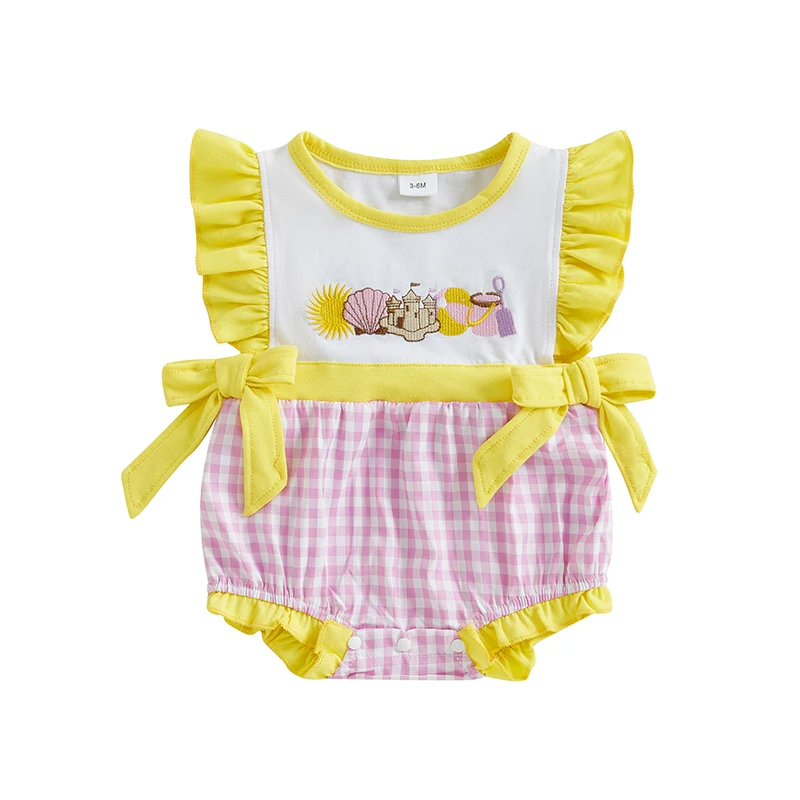 

0-18M Newborn Baby Girl Cute Summer Romper Plaid Print Embroidery Flutter Sleeves Crew Neck Jumpsuit