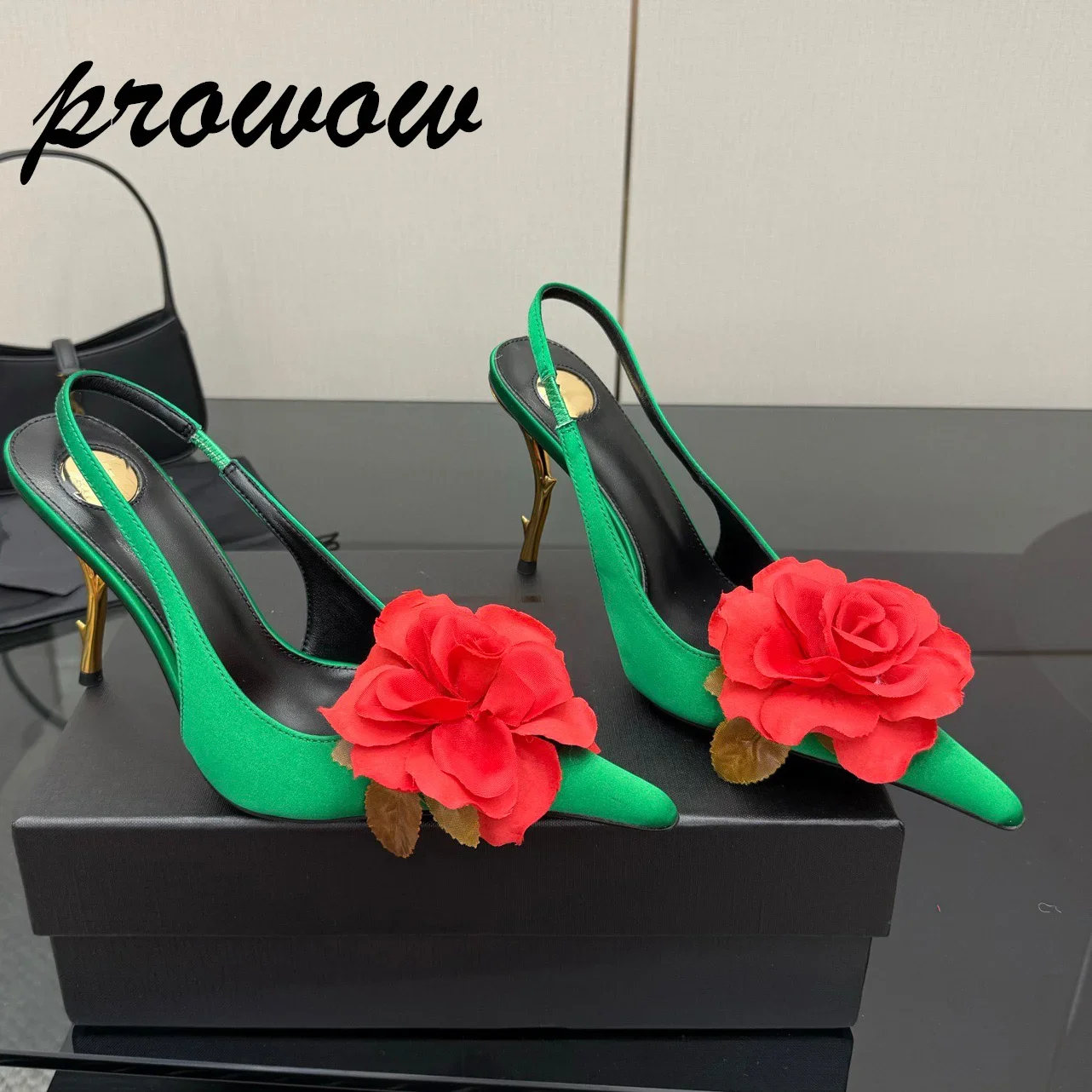 

New Elegant Satin Sexy Ross Floral Pumps Pointed Toe Sling Back 10CM High Heels Shoes Women Zapatos Mujer