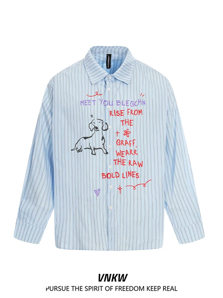 

American Retro Long Sleeve Shirt Striped Loose Fit Collar Men's Spring Fashion Open Cardigan Button Youth Casual Cotton Blend