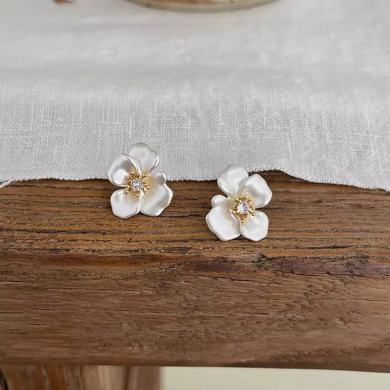 Foxanry الزركون قرط صغير زهري للنساء الفتيات بسيط كلاسيكي فرنسي موضة مزاجه الحلو زفاف العروس مجوهرات هدايا