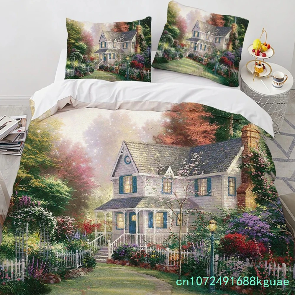 Oil Painting King Queen Duvet Cover Vintage Building Landscape Bedding Set For Adults Retro Art 2/3pcs Polyester Quilt Cover