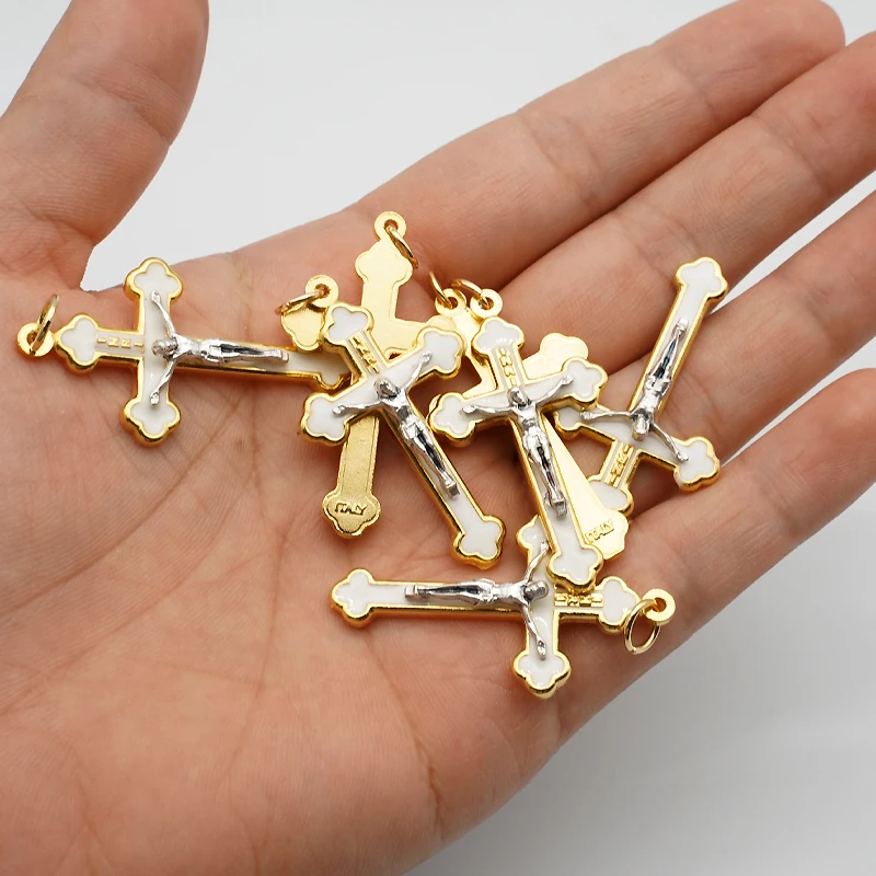 Catholic Golden Cross Pendant 3.5cm Enamel White Bail Color DIY Rosary Accessories Religion Jesus Christ Jewelry Making Supplies