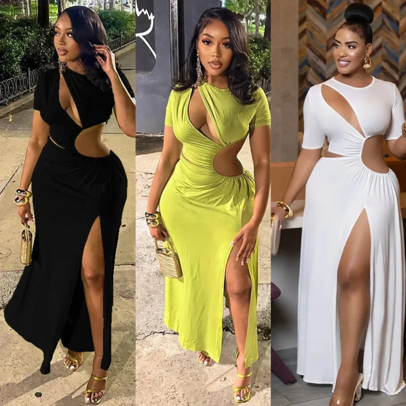

Elegant White Bodycon Maxi Dress For Women Cut Out O-Neck High Slit Design Ruched Waist Sexy Slim Fit Evening Club Outfit 2025