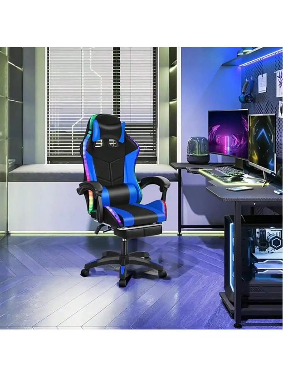 

Racing Style Gaming Chair | Black & Blue Dual-Tone, Ergonomic Lumbar Support & Retractable Footrest | 360° Swivel, Full Recline,