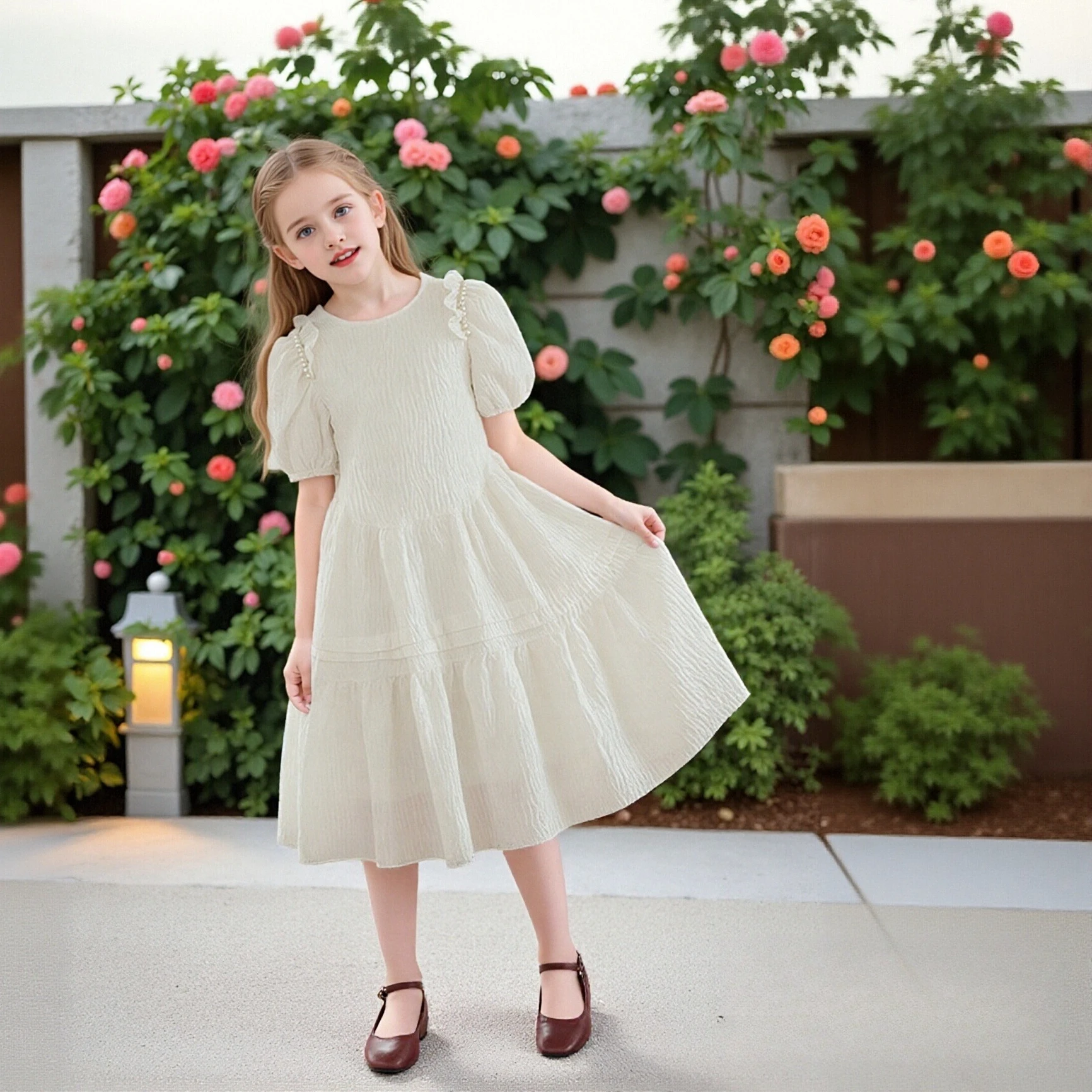 

Girls White Textured Dress Puff Sleeve Tiered Dress Pearl Embellishments Ruffle Trim Kids Princess Party Birthday Daily Wear