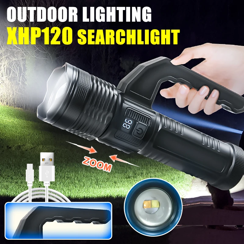 XHP120 Ultra Bright Flashlight 7 Modes,Multifunctional Searchlight Zoom Torch With COB Sidelight Outdoor Camping Portable Lamp