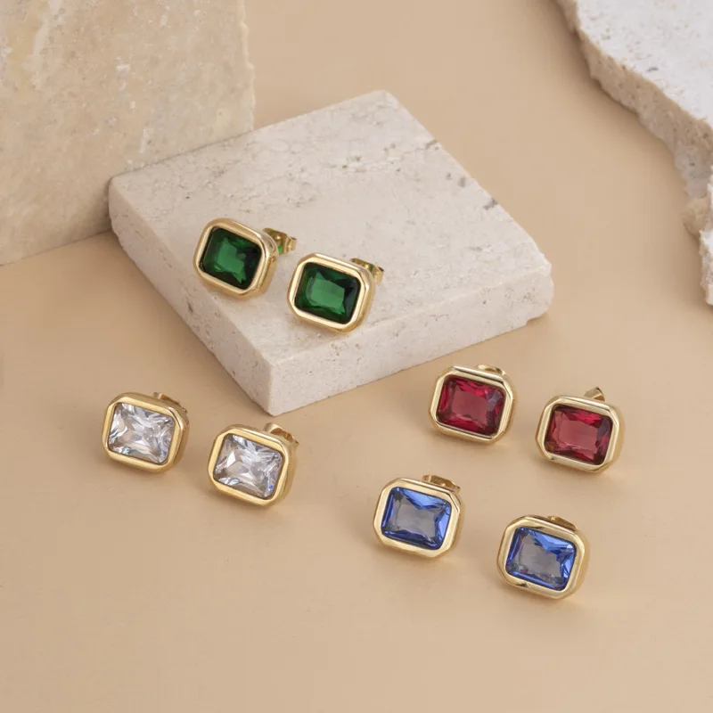 

Light luxury individuality simple titanium steel candy color square zircon stud earrings