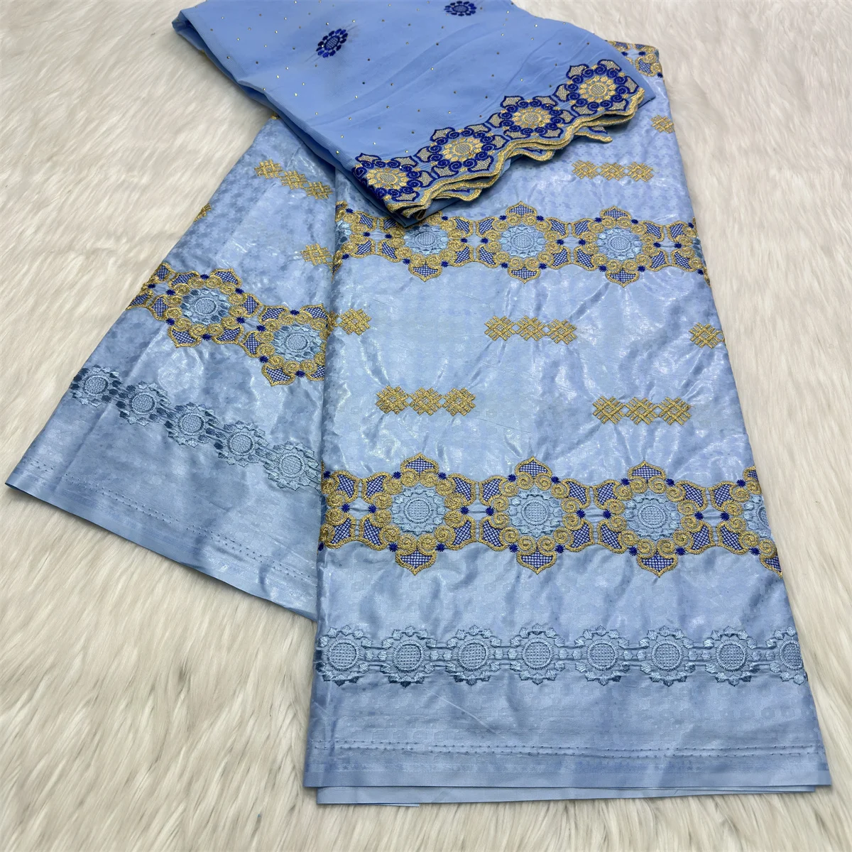 

2025 Hot Sale 5yards African Embroidery Bazin and 2yards Tulle Chiffon Fabric Set for Women Dress High Quality Bazin Z5-510-1