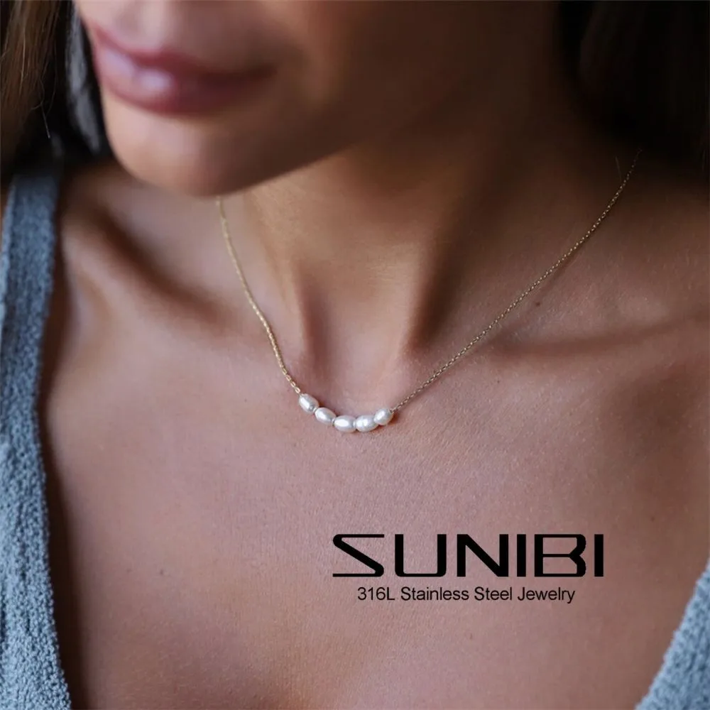 SUNIBI Pearl Choker Necklace Stainless Steel Necklace for Women 5 Pearls Gold Color Wedding Bride Jewelry Wholesale/Dropshipping