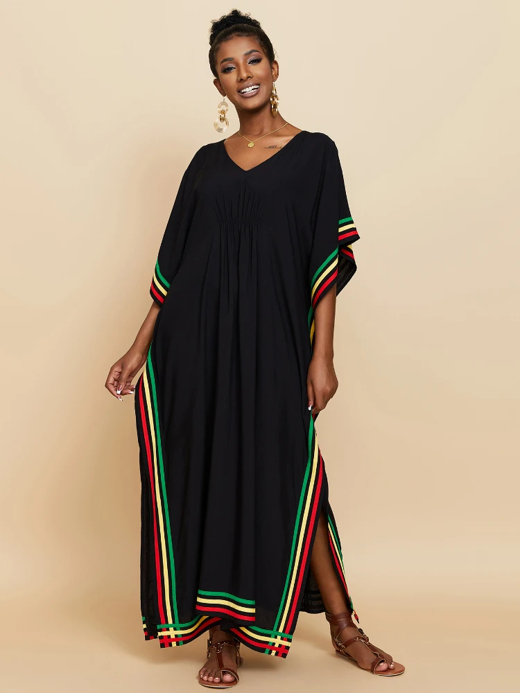 

Beach Cover Ups Kaftans for Women Rainbow Patchwork Maxi Dresses Short Sleeve India Folk Summer Seaside Holiday Bathing Suits