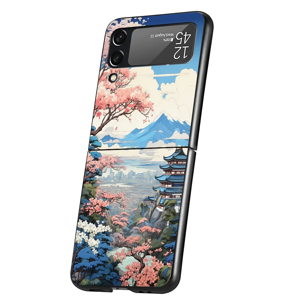 Funda de teléfono con paisaje estético de Anime, carcasa dura negra para Samsung Galaxy Z Flip 6 5 4 3 5G Flip6 Flip5 Flip4 Flip3