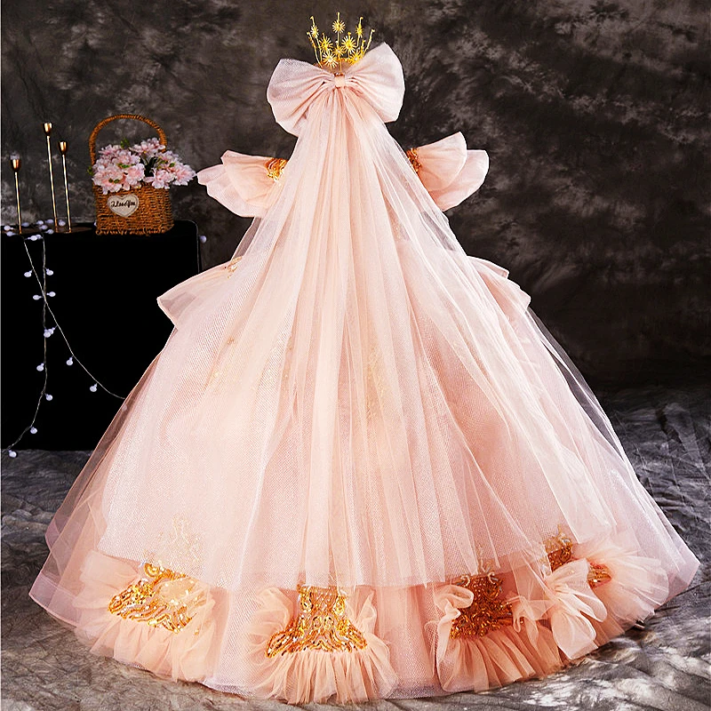 Girls Evening Dress Luxury Kids Party Wedding Court Paris Model Catwalk Children Pageant Gown Birthday Stage Performance Dress