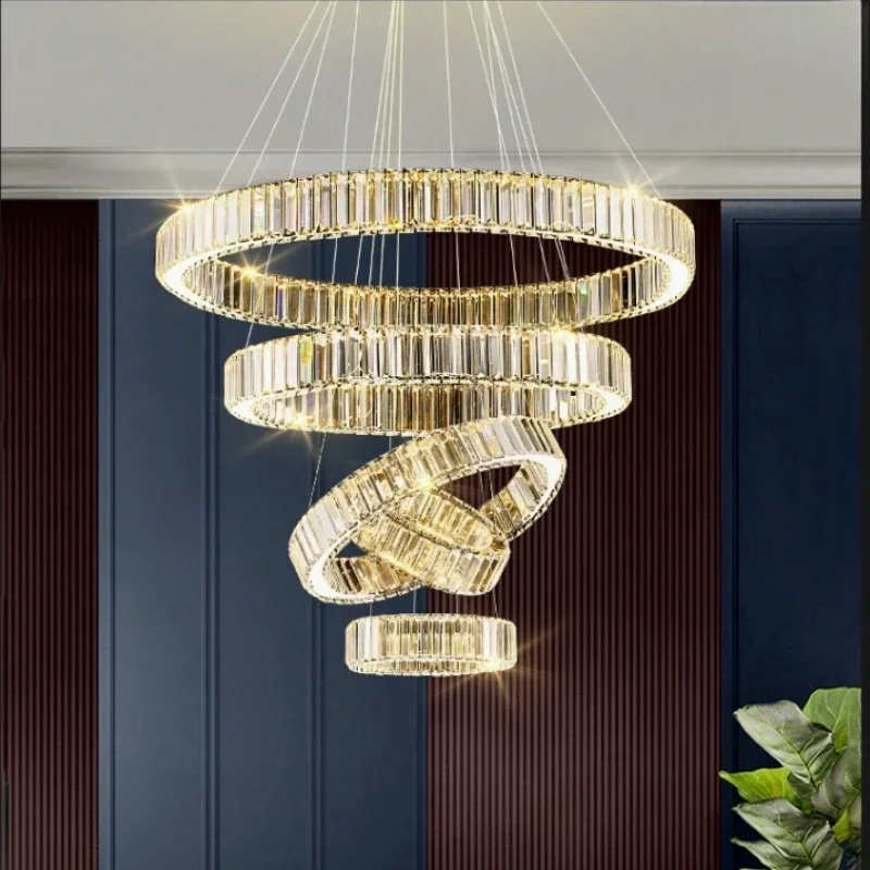 Led Luxury Crystal Ceiling Pendant Lamp  Modern Simple Atmosphere Duplex Building Restaurant Ring Lamp Lustres Home Decor Lamp