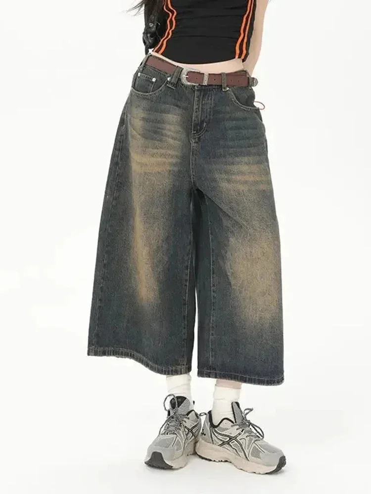 

Винтажные корейские модные мешковатые брюки в стиле гранж, женские свободные джинсы Y2K, уличная одежда, шорты большого размера, джинсовые брюки, летние нейтральные брюки