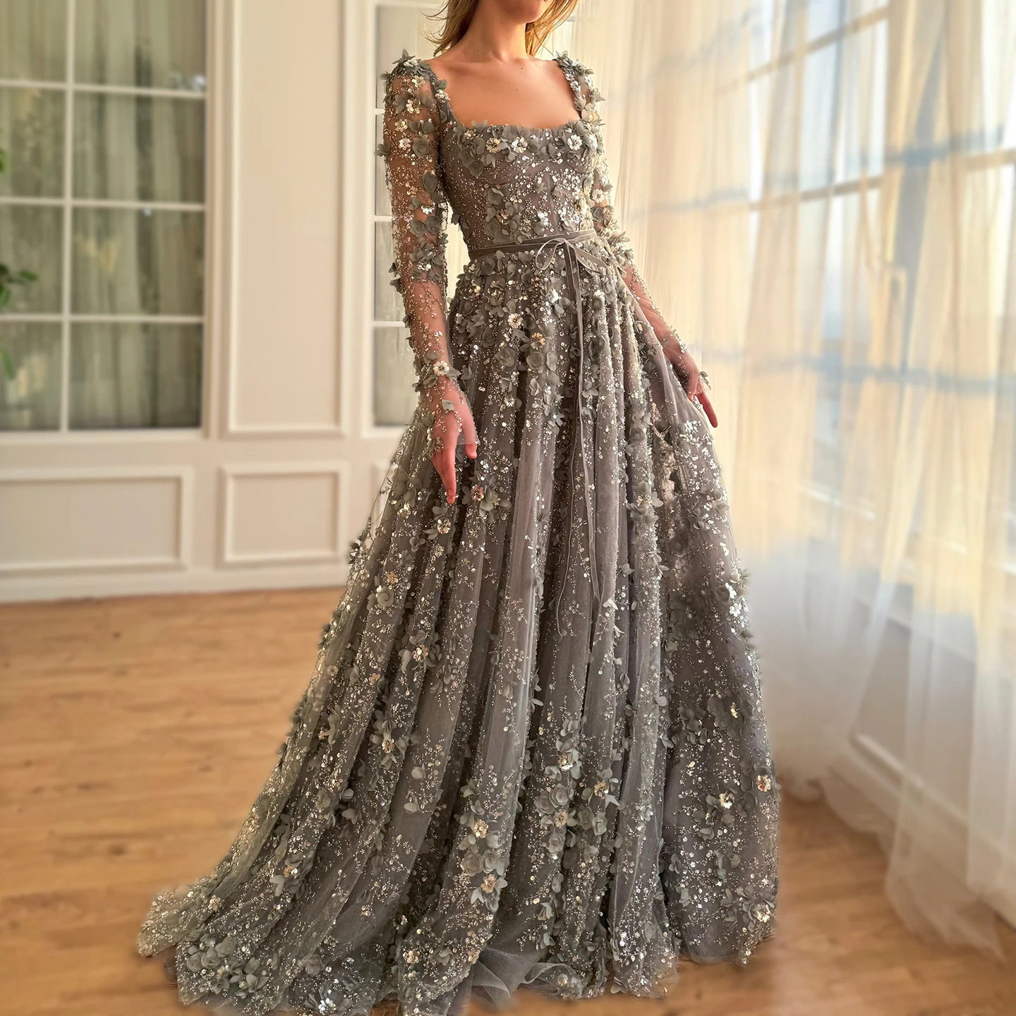 

Sharon Said Luxury 3D Flower Gray Long Sleeves Evening Dresses for Women Wedding Party Arab A-line Formal Gowns SS353 Customized