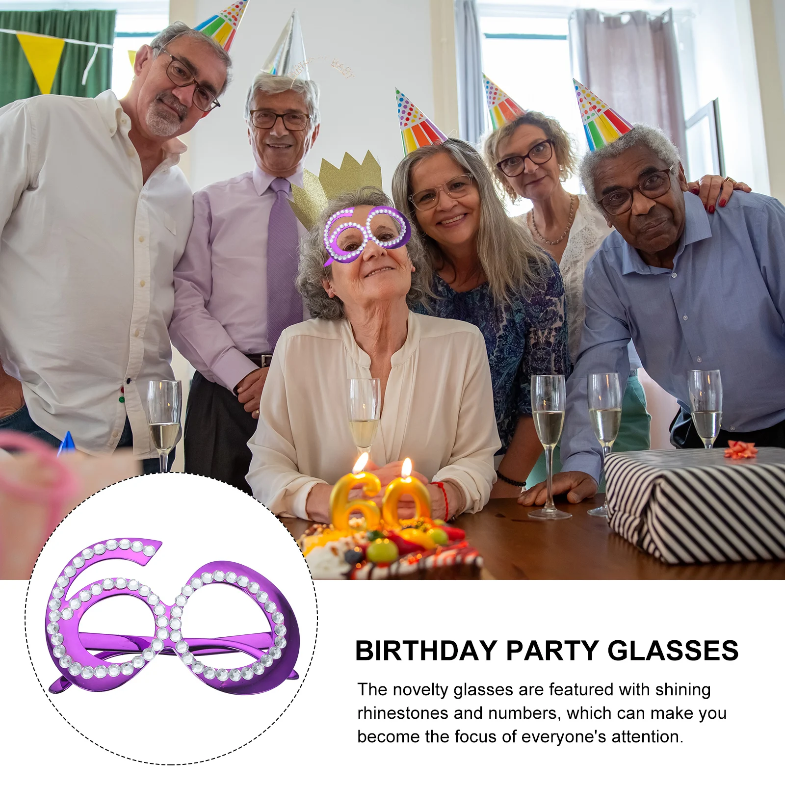 

60th Birthday Glasses Glitter Rhinestone Photo Props Plastic Frame Adult Party Supplies Celebration Accessories
