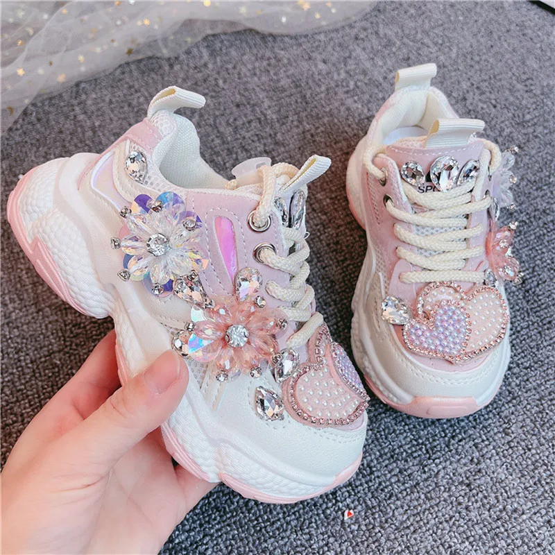 Kids Sneakers 2023 Girls Spring Fashion Casual Running Sports Trainers Brand Breathable Children Pink Pearl with diamond Flats