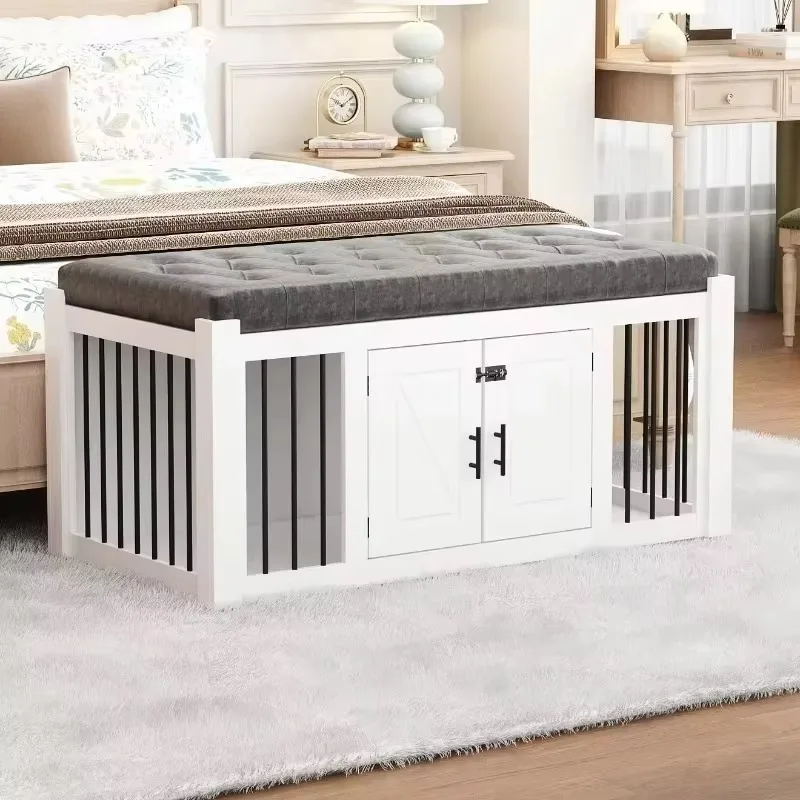 Muebles de caja para perros grandes, banco otomano con extremo de cama con cojín, casa de caja para perros estilo muebles de interior, color blanco