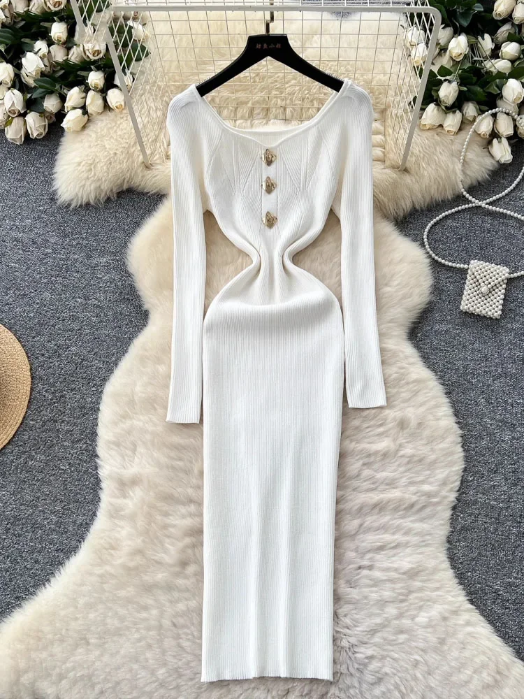 2025Vestidos De Mujer Metall Taste Temperament Kleider Frauen Gestrickte Vintage Robe Femme Hohe Taille Koreanische Quadrat Kragen Kleid