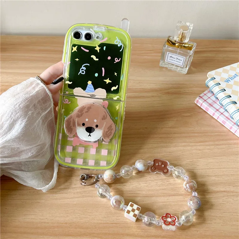 Bonita funda de teléfono verde a cuadros con perro para Samsung Galaxy Z Flip 6 5 4 3, funda trasera protectora para ZFlip4 ZFlip5 ZFlip6
