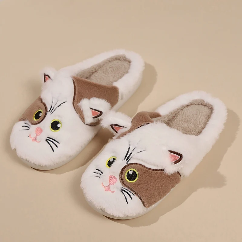 New Winter Women Cartoon Cat Plush Slippers Non Slip Soft Indoor Home Slippers Woman Lightweight Flat Heels Bedroom Floor Shoes