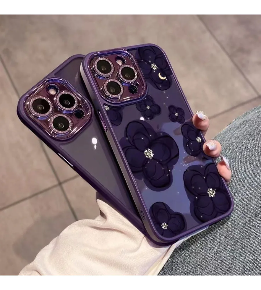

Dark purple camellia suitable for iPhone16promax mobile phone case female for iphone16pro with glitter lens film