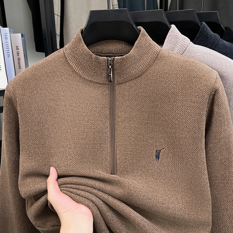 

Встроенный бархатный свитер с вышивкой на половину молнии для мужчин зимой, вязаный свитер с толстым мехом и норковым мехом
