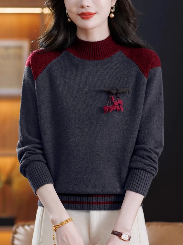 Gestrickter Wollpullover für Damen mit hohem Kragen, Basisschicht-Oberteil, Herbst-Winter, Faion Outlet Store, reguläre Swe-Länge, 00 % Wolle