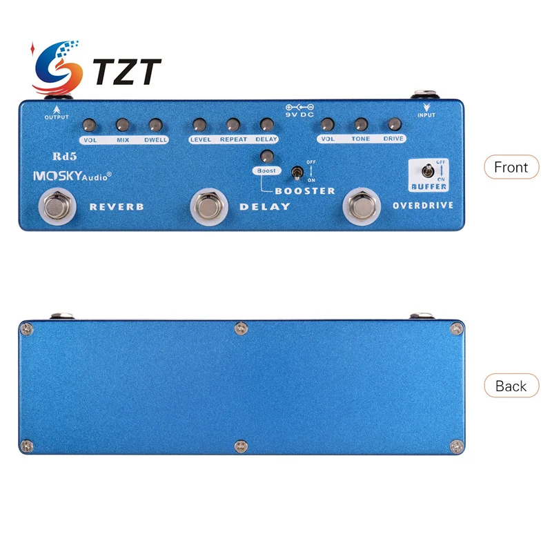 TZT MOSKYAudio RD5 5 인 1 멀티 효과 페달, 버퍼, 오버드라이브, 부스트, 딜레이, 리버브 기타 효과 페달