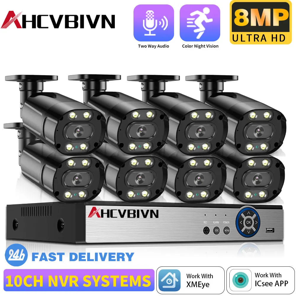 

Xmeye 10CH 4K 8MP POE Surveillance Security System Color Night Vision, Two-way Audio Outdoor CCTV IP Camera NVR Kit