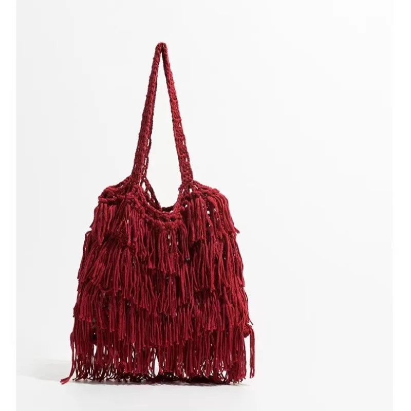 New Fringed Shoulder Bag Women\'s Tote Purse Female Knitted National Style Bag