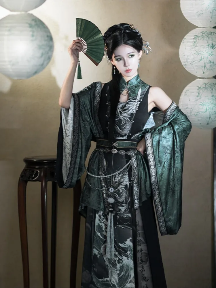 

New Chinese-style Hanfu pants for women tops dark green outer shirts and sets