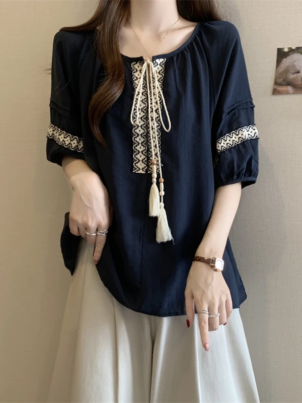 

Ретро-этническая вышитая блузка с бахромой и коротким рукавом для женщин, больших размеров, летняя, стройнящая, из шифона, повседневная, для работы и отдыха