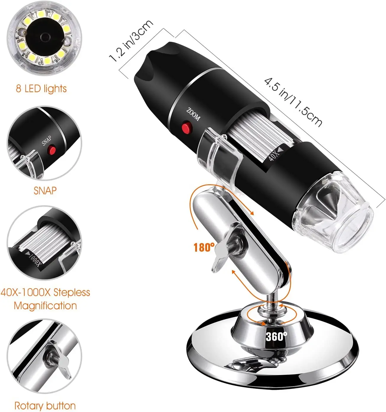 Microscopio digitale USB portatile 40X-1000X endoscopio di ingrandimento, Mini videocamera a 8 LED per Windows 7/8/10 Mac Linux Android