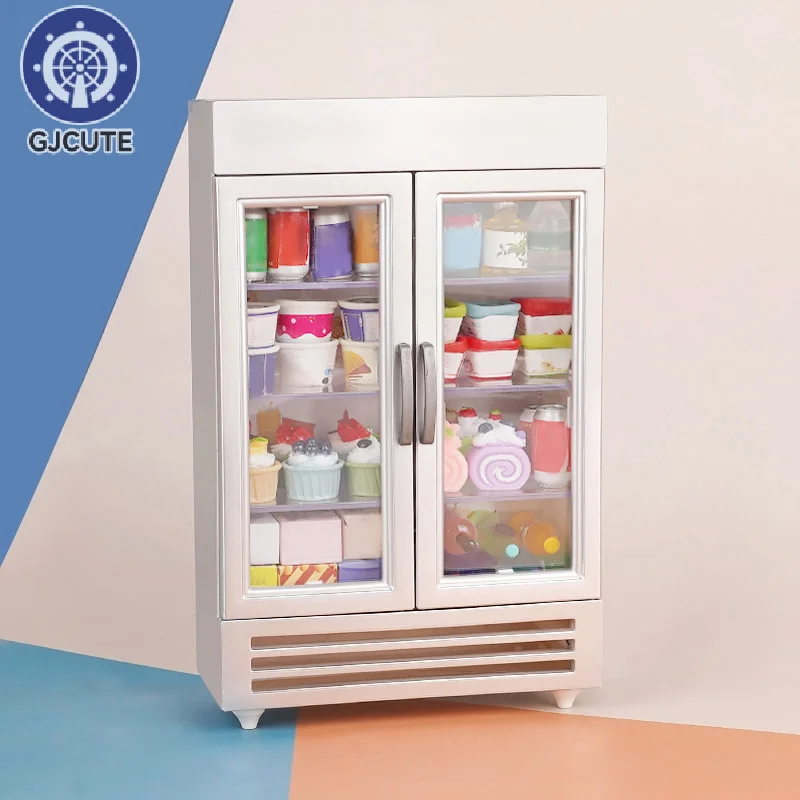 1:12 Dollhouse Miniature Double Door Refrigerator Supermarket Freezer Model Kids Pretend Play Toys Doll House Accessories