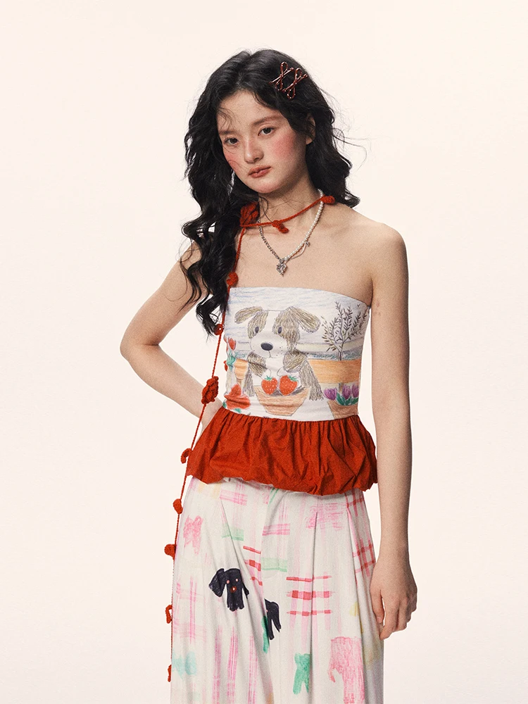 

Red Dog Print Csole Top Women's Slim Fit Original Design ort Length Summer Faion Inner Wear Table Dining Cute Girl