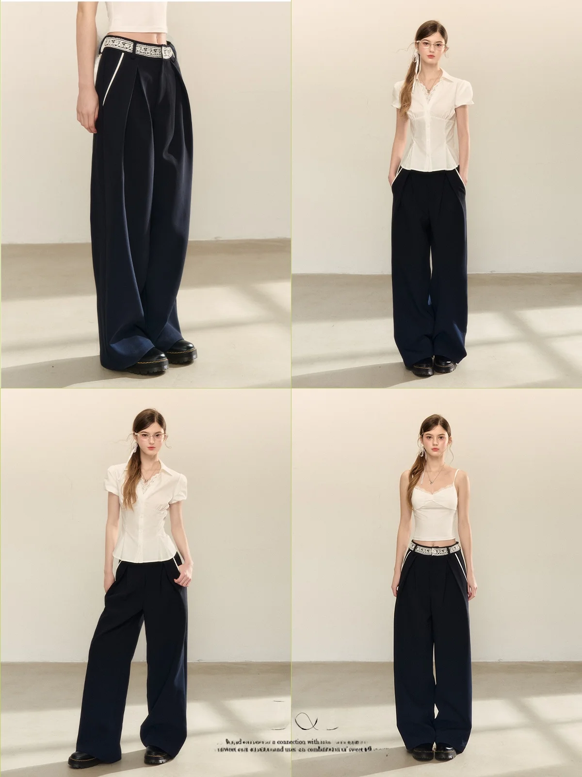 QDQD Pantaloni a gamba larga a vita alta con giunture in pizzo Pantaloni estivi a vita alta casual da pendolare Sle Pantaloni a tubo dritto da donna di colore blu