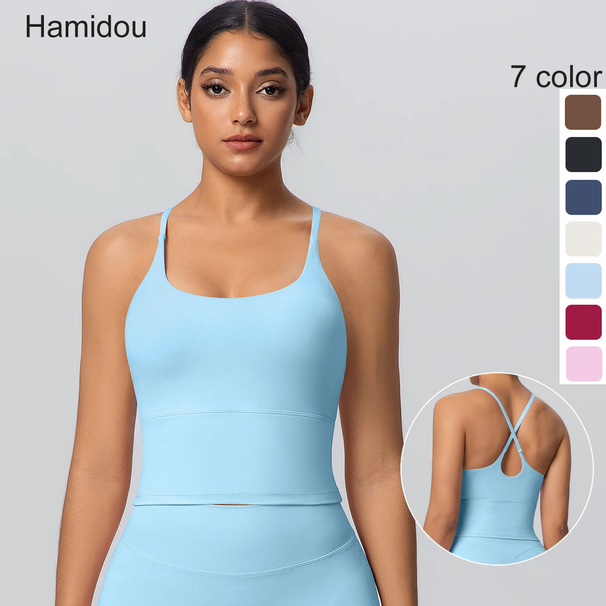 

1 шт. однотонный спортивный топ-бра с бретелями и вставками для йоги, амортизирующий, для бега, сексуальный, с открытой спиной