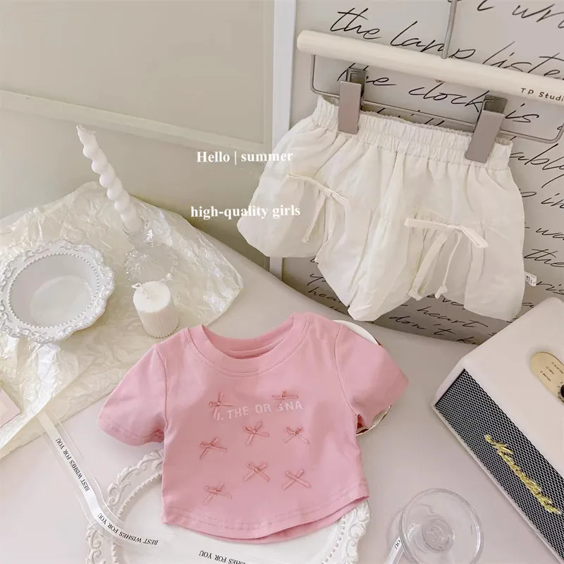 2026 Summer Fashion Kids Girls 2PCS Outfits Bow Knot Knit Top Bud Skirt Set Children Casual Cute Suit