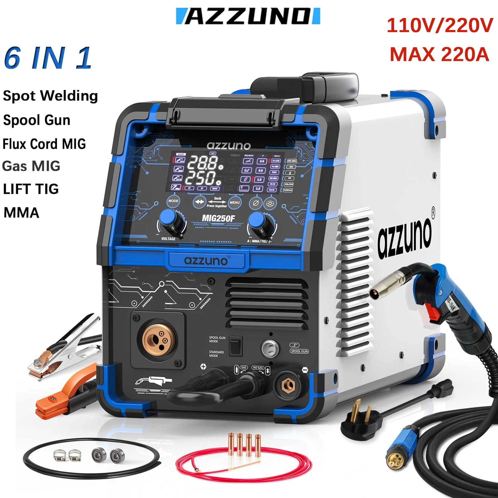 

AZZUNO 250Amp 6 in 1 Aluminum MIG Welder Gas MIG/Flux Core MIG/Stick/Lift TIG/Spot Welding/Spool Gun 110V/240V Welding Machine
